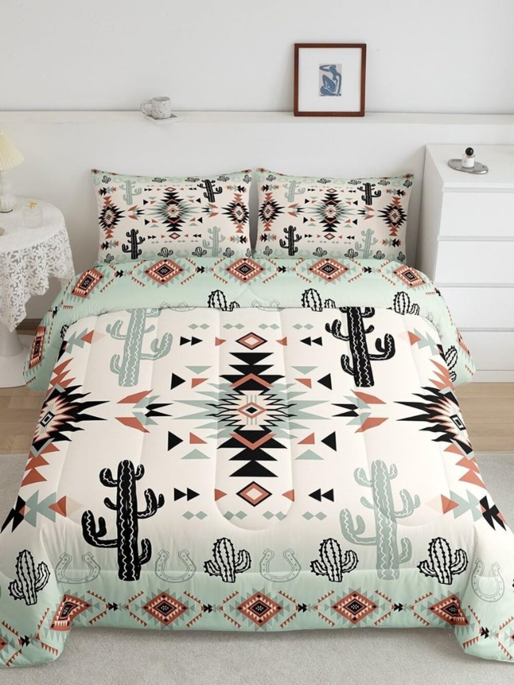 Geometric Aztec Kid Comforter Set Full Size,Horseshoe Cactus Western Cowboy